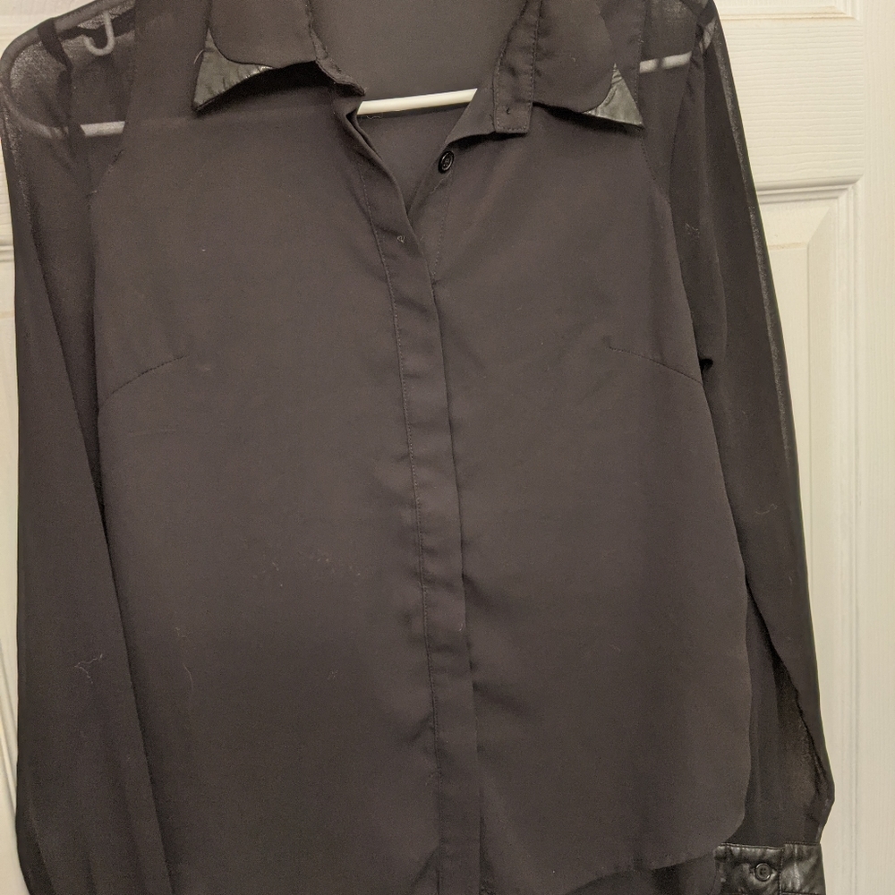 Sheer black button-up w/faux leather trim